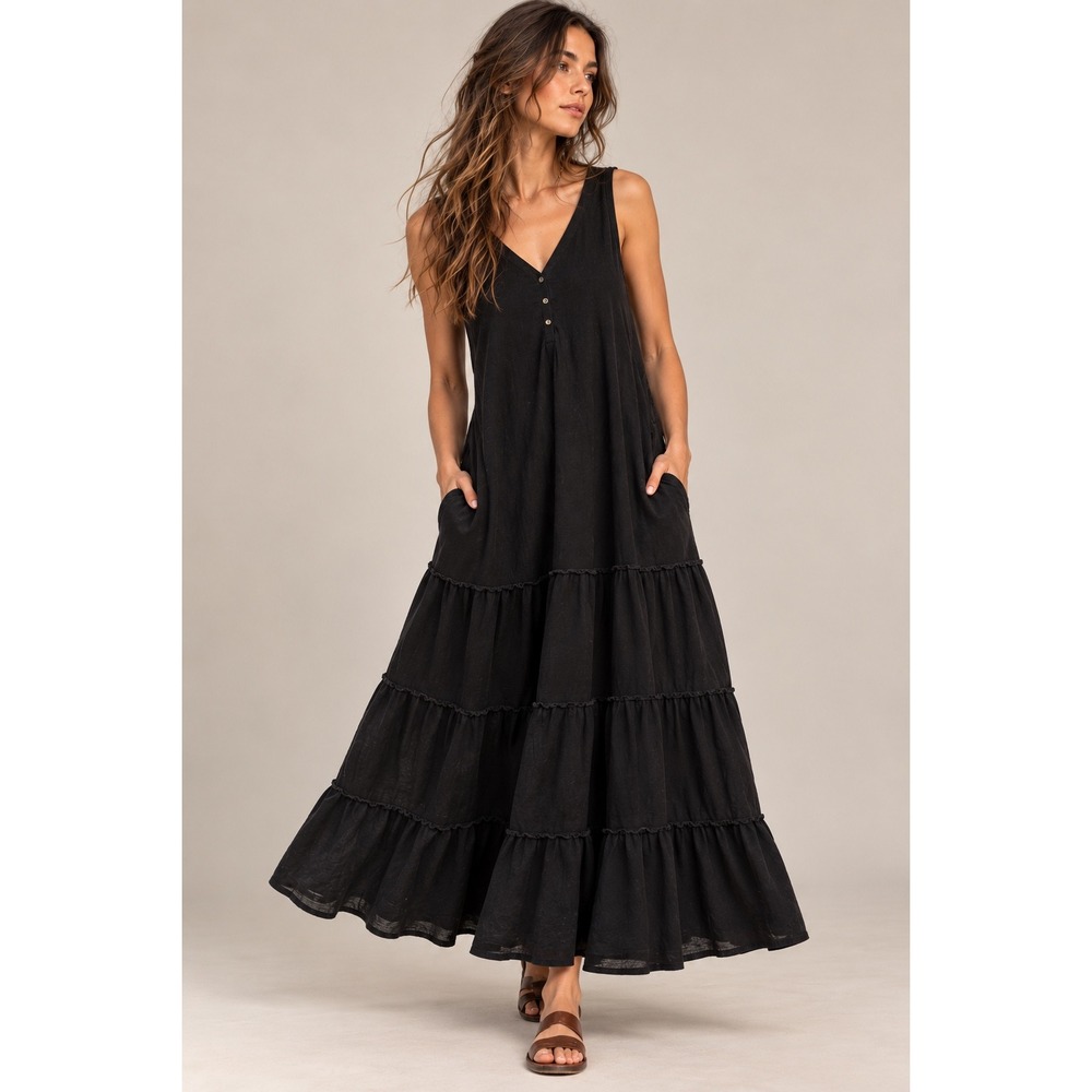 PACT Organic Cotton Black Tiered Maxi Dress Sleeveless V Neck Boho Minimalist L